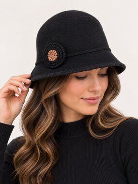 100% Wool Black Cloche Hat Floral Rosette Accent Women's One Size